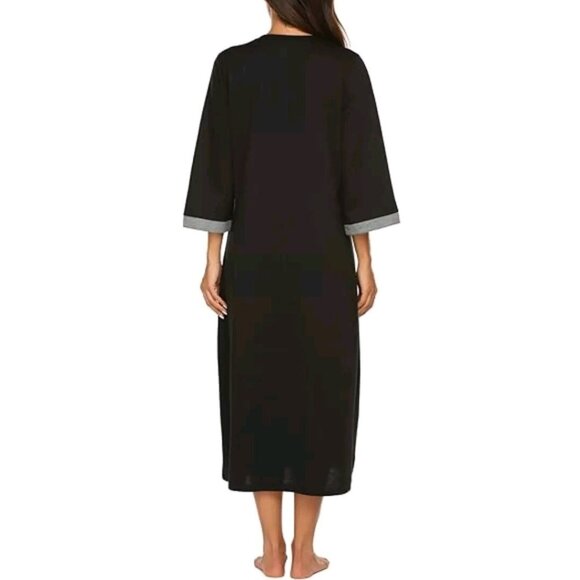Ekouaer Women XL Zipper Robe 3/4 Sleeve Loungewear Full Length Duster Black Gray - Picture 5 of 7